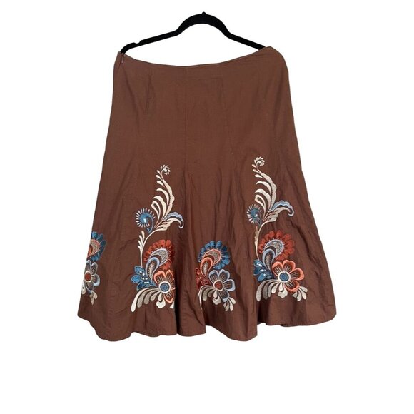 Retro Floral Skirt 10 Brown Boho Embroidery Cottage Fairy Sequin Western Chic - Picture 1 of 7